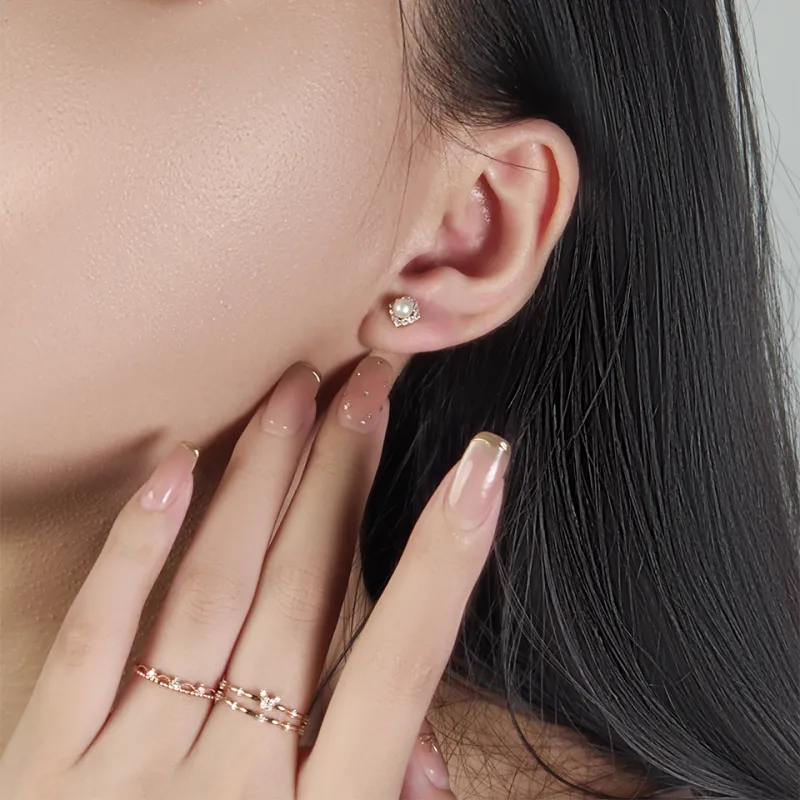 WANBAOYUANZHUBAO 18K Gold Stud Earrings Women's-4