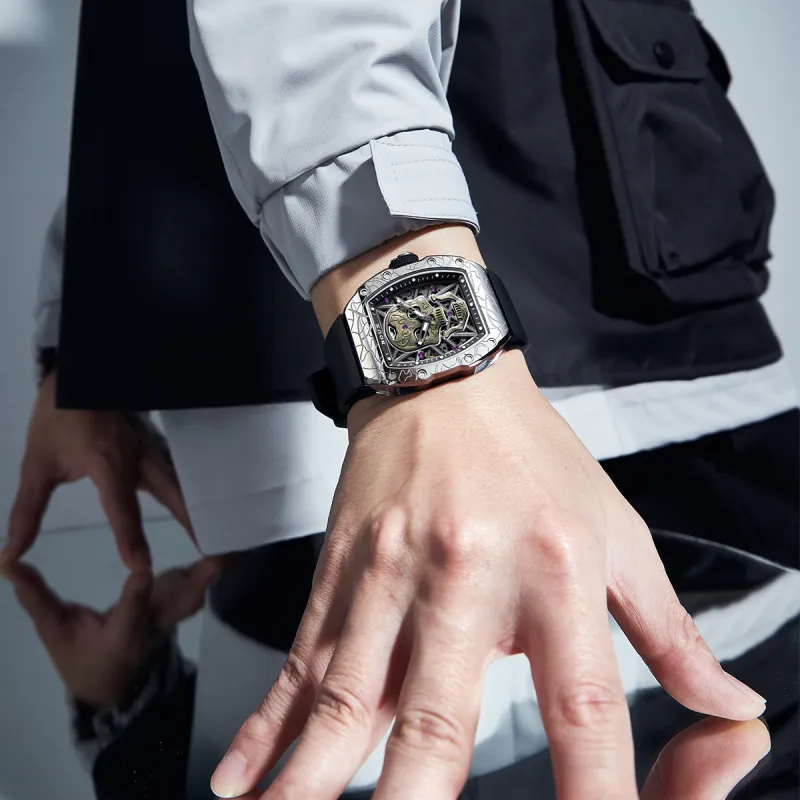 BOUX Totem Collection Skull Automatic Mechanical Movement Silicone Strap Watch Men's Watches Cut-Out Dial-3