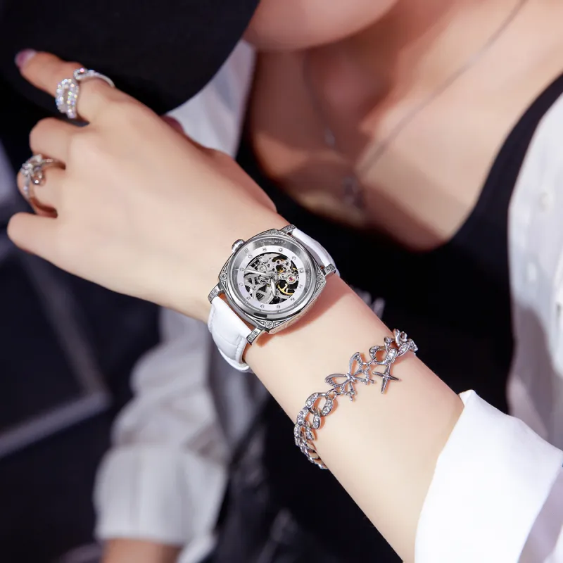 BOUX Totem Collection Automatic Mechanical Movement Genuine Leather Strap Watch Women's Watch Cut Out Dial-5
