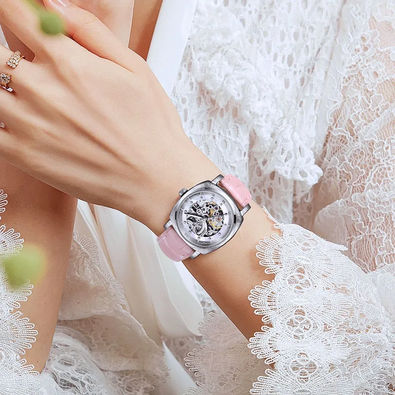 BOUX Totem Collection Automatic Mechanical Movement Genuine Leather Strap Watch Women's Watch Cut Out Dial-11