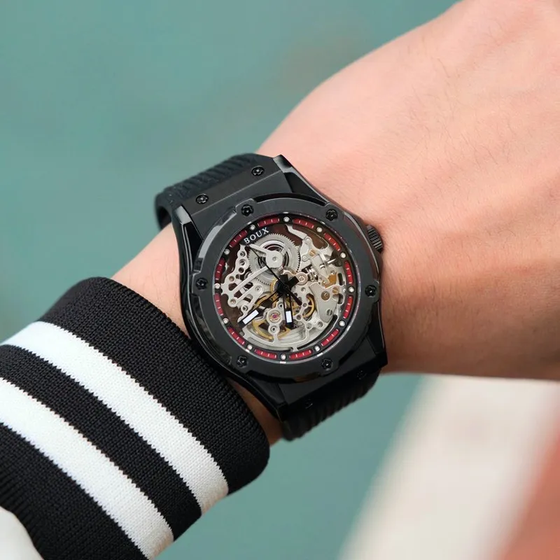 BOUX Trendy And Cool Collection Automatic Mechanical Movement Silicone Strap Watch Men's Watches Cut Out Dial-2