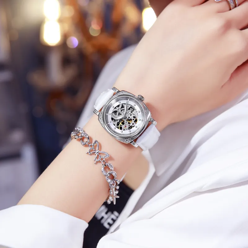 BOUX Totem Collection Automatic Mechanical Movement Genuine Leather Strap Watch Women's Watch Cut Out Dial-4