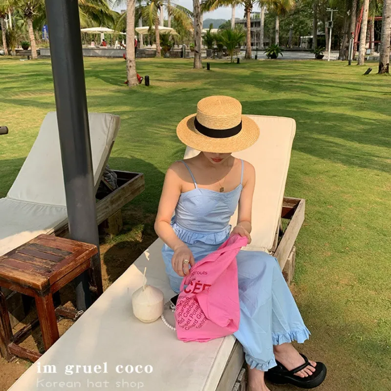 MITHAOL KUSC Straw Woven Flat Top Hat Women's-3