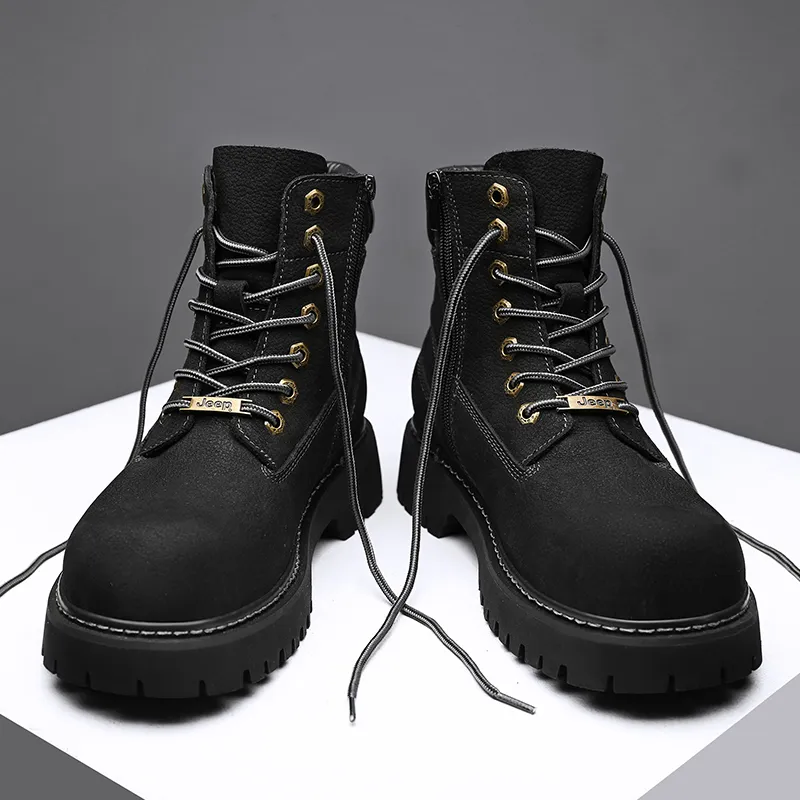 Jeep Vintage Classic Yellow Boots Short Mid-Calf Martin Boot Men's Black Warrior-11