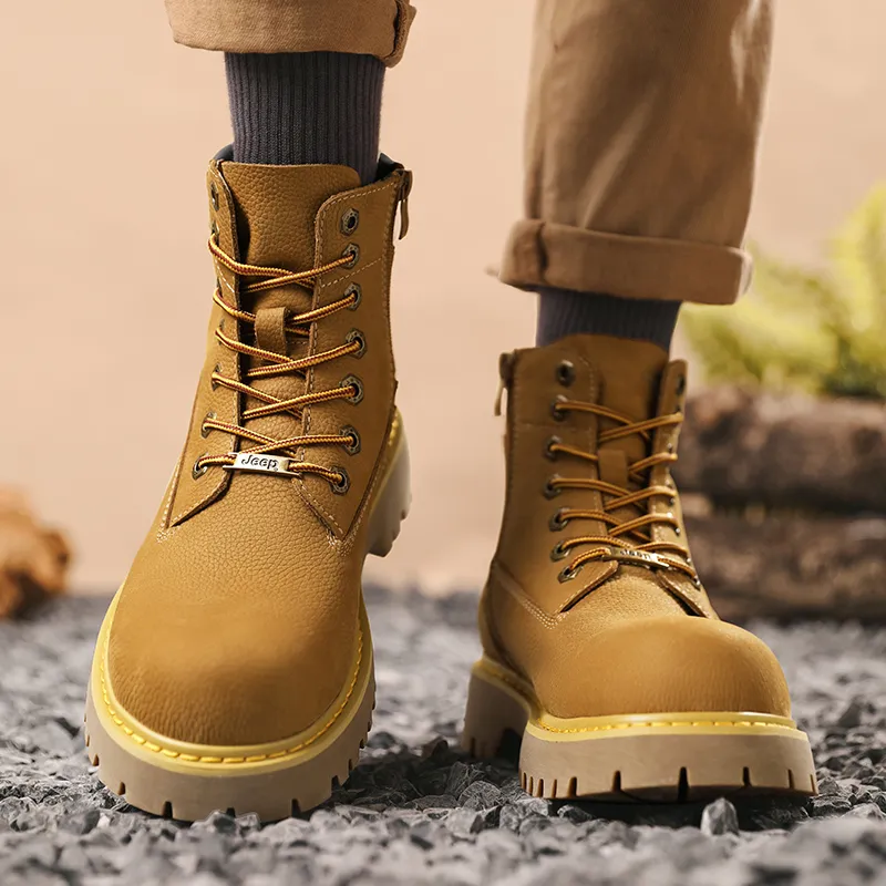 Jeep Vintage Classic Yellow Boots Short Mid-Calf Martin Boot Men's Black Warrior-3