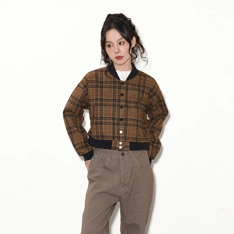 ZUOBEIKA Baseball Jacket Women's Brown Plaid-4