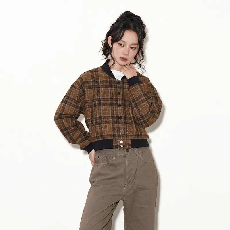 ZUOBEIKA Baseball Jacket Women's Brown Plaid-3