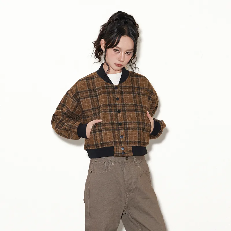 ZUOBEIKA Baseball Jacket Women's Brown Plaid-2