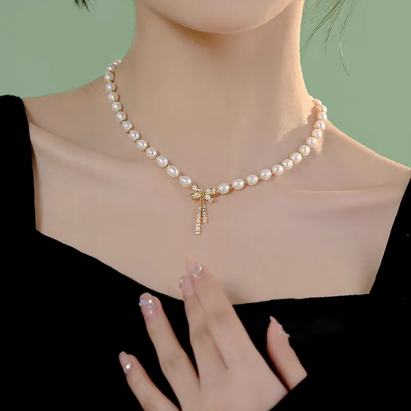 YUDIAN Freshwater Pearl Necklaces Women's Rose Gold-6
