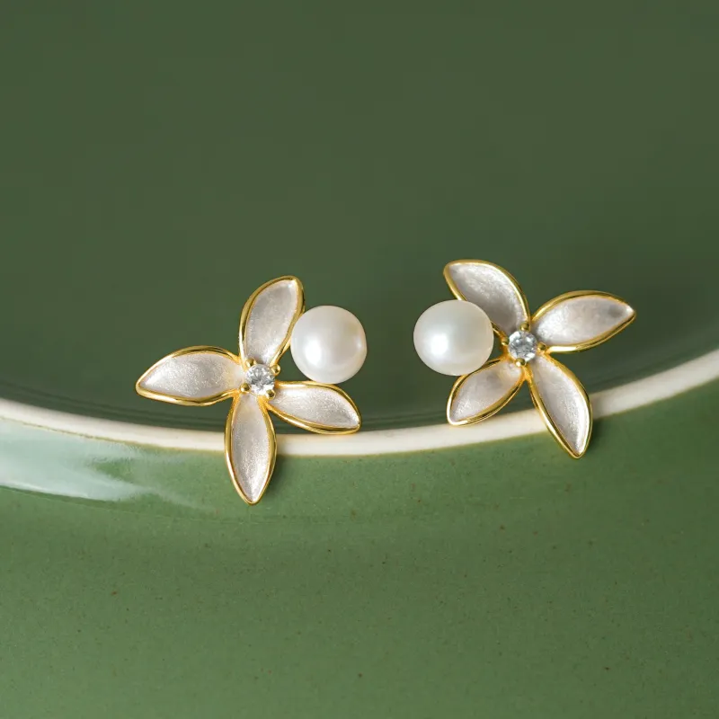 YUDIAN Freshwater Pearl Stud Earrings Women's Gold-2