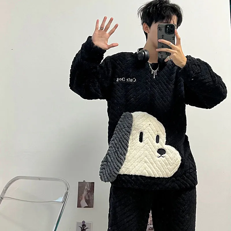 Kerener Pajama Set Autumn And Winter Season Men's Black-2