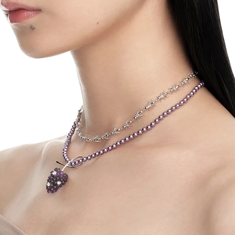 YVMIN 925 Sterling Silver 5A Grade Sparkling Zircon Pearl Chain Mulberry Raspberry Necklace Collarbone Chain Women's-5