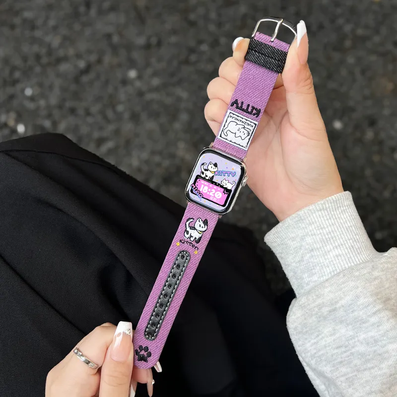 Senior's House Watch Band Apple Compatibility Denim, Leather Material-8