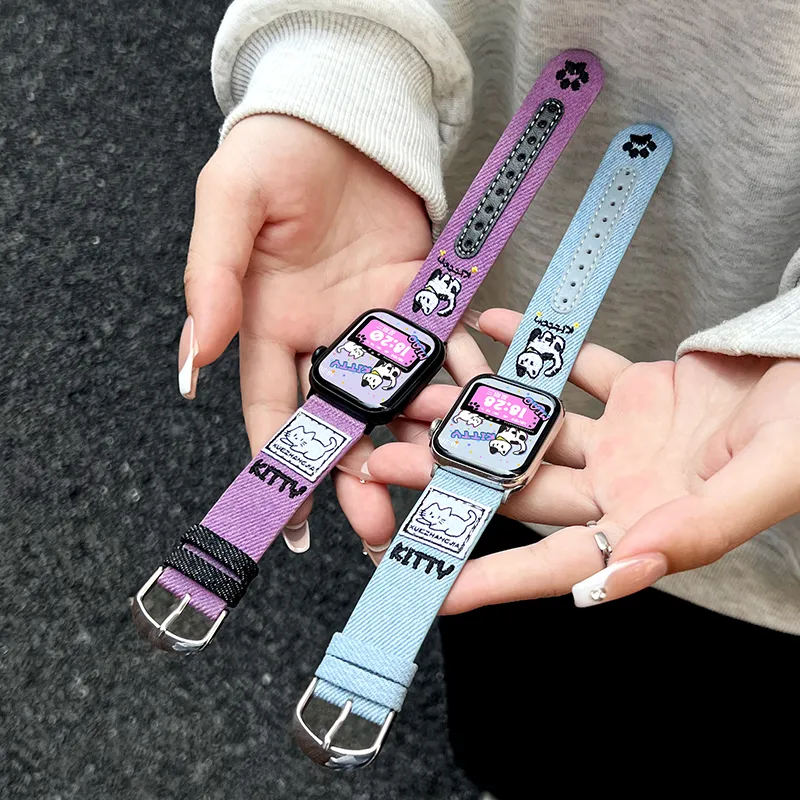 Senior's House Watch Band Apple Compatibility Denim, Leather Material-7