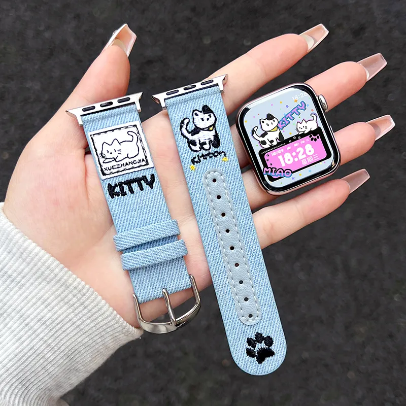 Senior's House Watch Band Apple Compatibility Denim, Leather Material-3