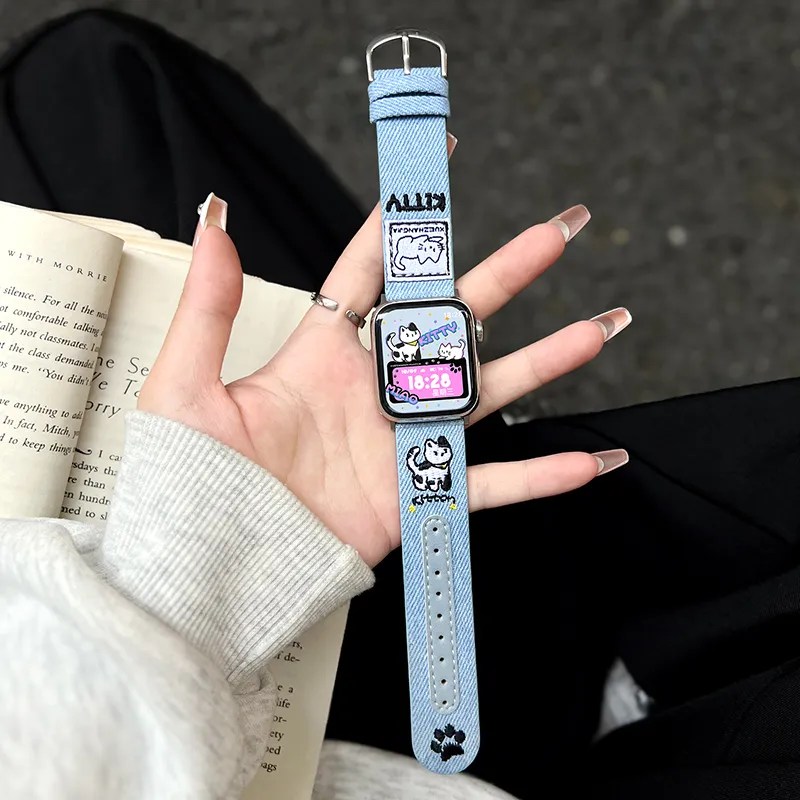 Senior's House Watch Band Apple Compatibility Denim, Leather Material-2