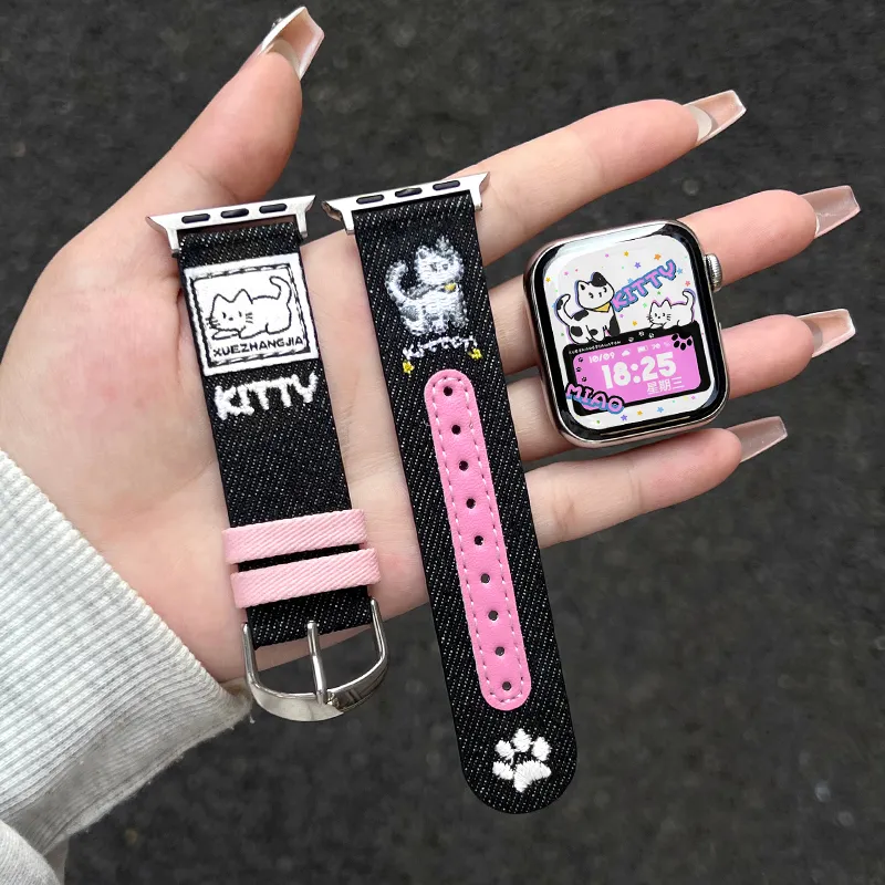 Senior's House Watch Band Apple Compatibility Denim, Leather Material-14