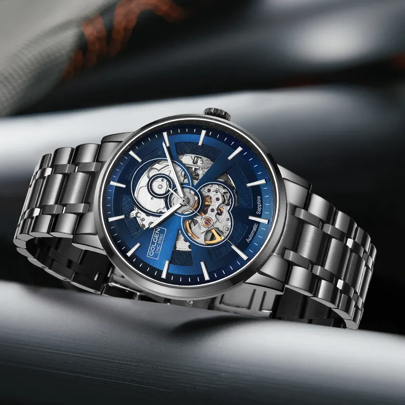 GOLGEN Mechanical Movement Stainless Steel Watchband Watch Men's Watches Cut Out Dial-4