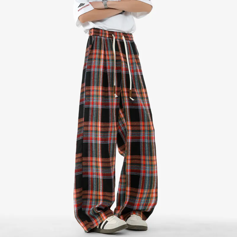 POINTLIMIT Casual Pants Unisex Black Red Plaid-3
