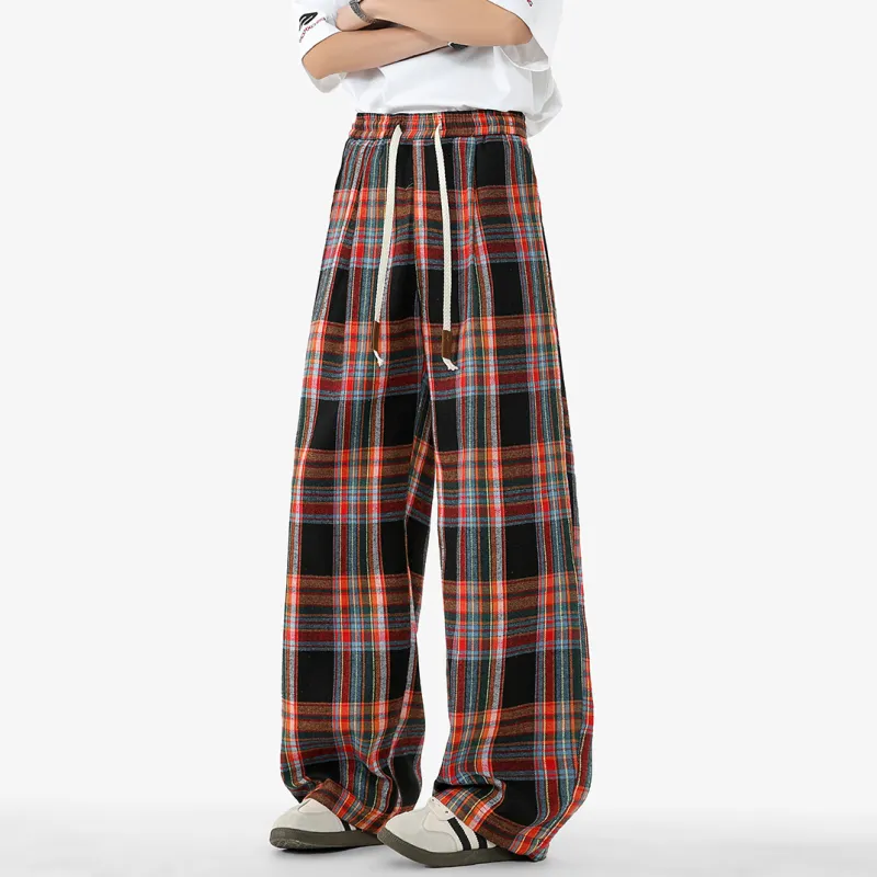 POINTLIMIT Casual Pants Unisex Black Red Plaid-4