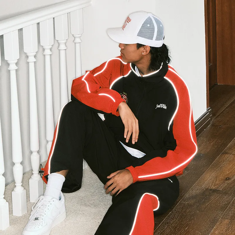 JUST VIBE Jackets & Coats Unisex Black Red Patchwork-3