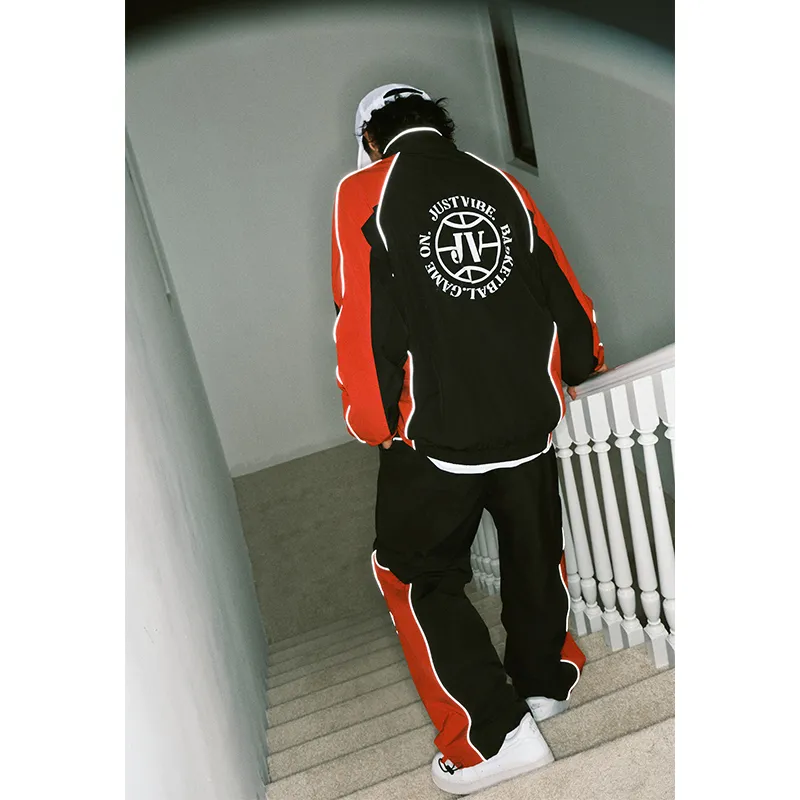 JUST VIBE Jackets & Coats Unisex Black Red Patchwork-5