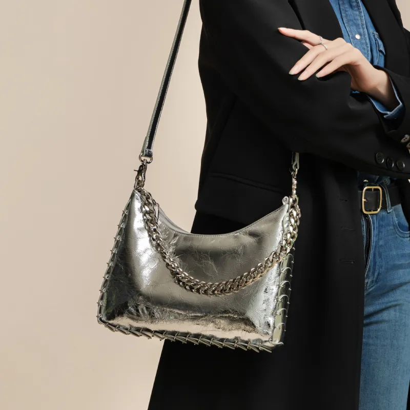 ROBERTA DI CAMERINO Synthetic Leather Soft Water Bucket Bag, Crossbody Bag, Shoulder Bag Large Size Women's Silver-3