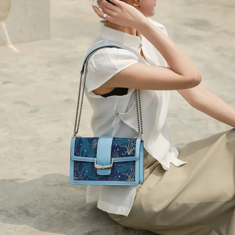 ROBERTA DI CAMERINO Cow Leather Shoulder Bag Chain Shoulder Bag Small Square Bag Women's Sea Blue/Silver Gray-2
