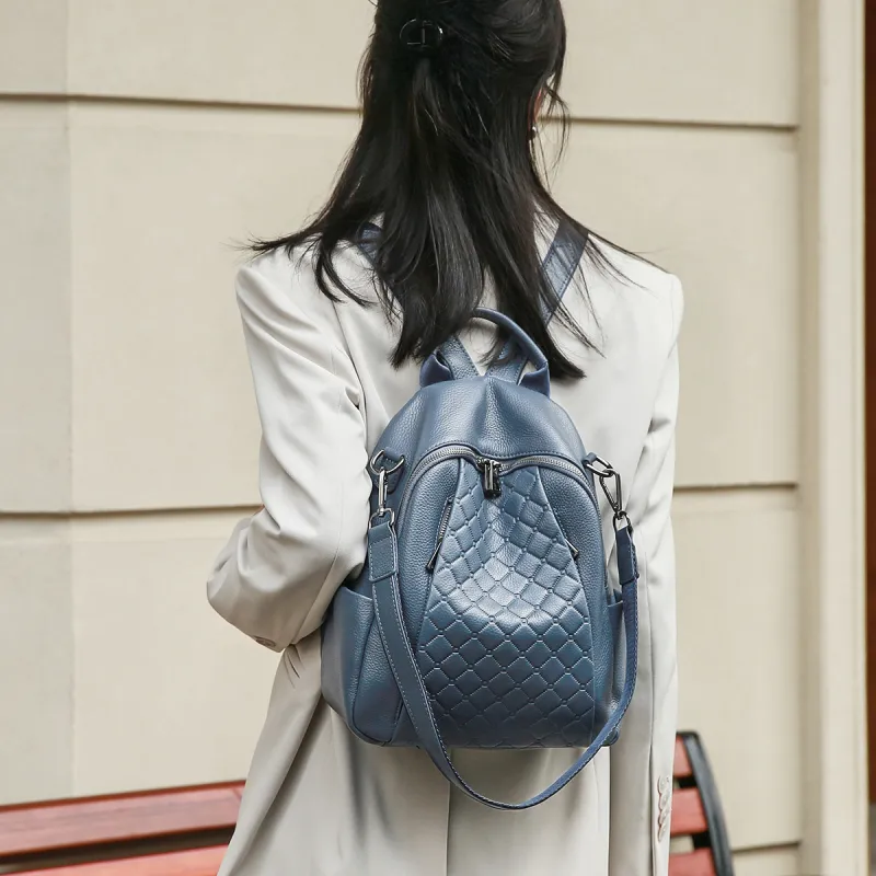 ROBERTA DI CAMERINO Cow Leather Backpack Commuter Bag Travel Bag Students Backpack Tubas Women's Black/Haze Blue-5
