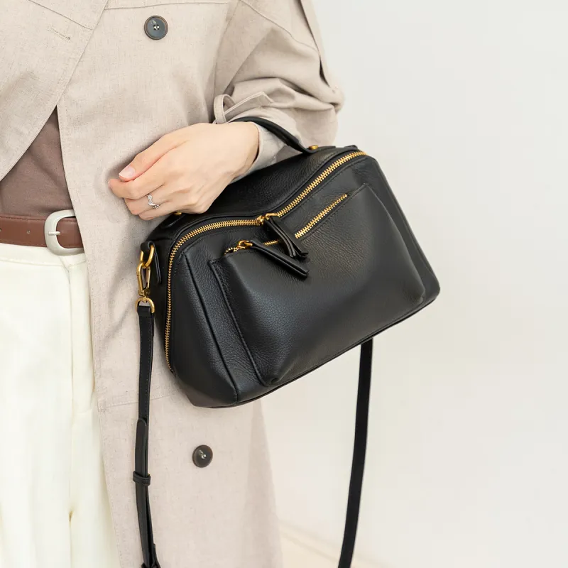 ROBERTA DI CAMERINO Cow Leather Mom Bag, Portable Crossbody Bag, Shoulder Bag Regular Women's Black/Khaki-4