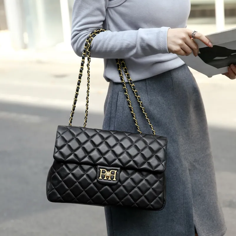 ROBERTA DI CAMERINO Sheepskin Chain Diamond Pattern Bag Small Square Bag Shoulder Bag Medium Size Women's Black/Coffee-3