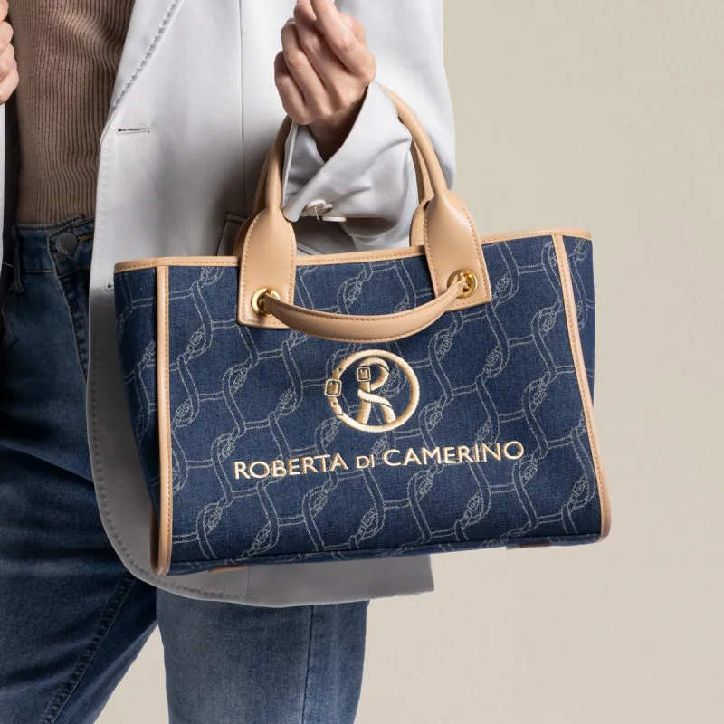 ROBERTA DI CAMERINO Fabric Tote Bag, Shopping Bag, Shoulder Bag, Handbag Regular Women's Blue & Milk Tea-3