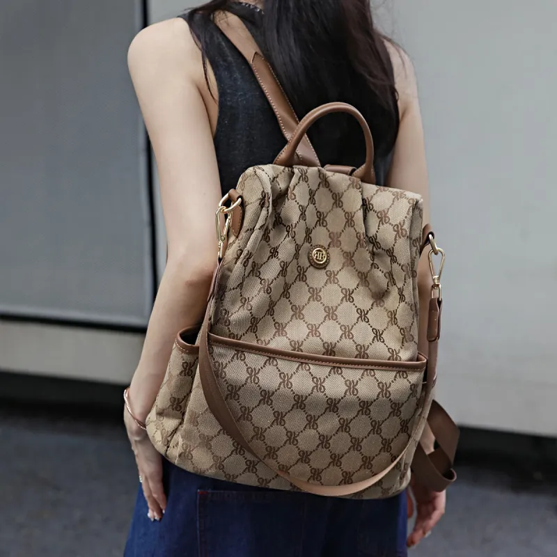 ROBERTA DI CAMERINO Fabric Backpack Regular Unisex Black Monogram/Brown Monogram-8