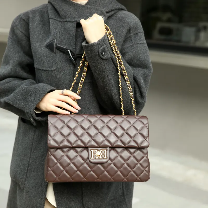 ROBERTA DI CAMERINO Sheepskin Chain Diamond Pattern Bag Small Square Bag Shoulder Bag Medium Size Women's Black/Coffee-7