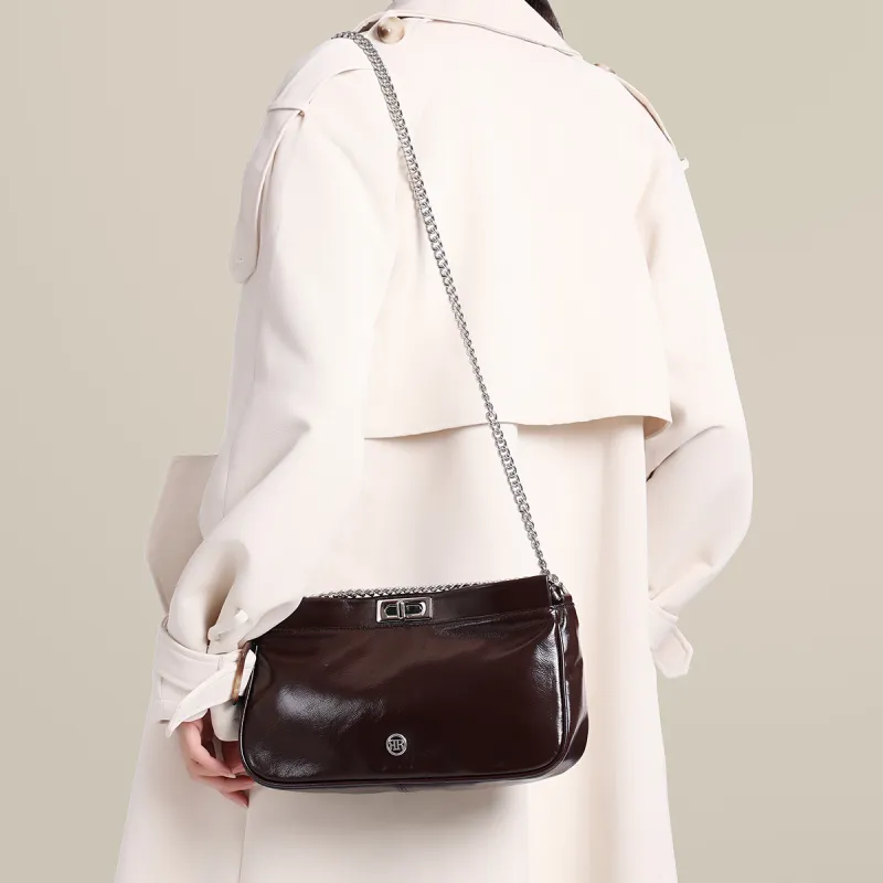 ROBERTA DI CAMERINO Oil Wax Top Grain Cow Leather Shoulder Bag Medium Size Women's Black/Coffee-8