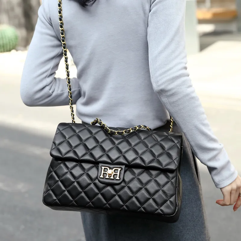 ROBERTA DI CAMERINO Sheepskin Chain Diamond Pattern Bag Small Square Bag Shoulder Bag Medium Size Women's Black/Coffee-2