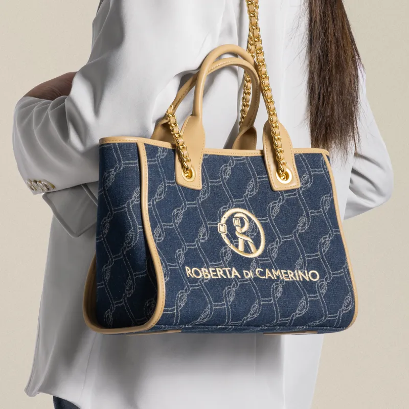 ROBERTA DI CAMERINO Fabric Tote Bag, Shopping Bag, Shoulder Bag, Handbag Regular Women's Blue & Milk Tea-2
