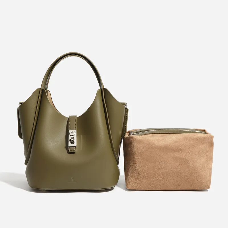 ROBERTA DI CAMERINO Cow Split Leather, Leather Handbag Regular Women's Ecru/Black/Olive Green-11