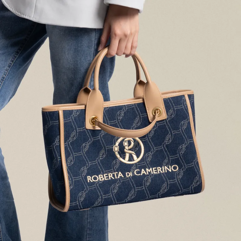 ROBERTA DI CAMERINO Fabric Tote Bag, Shopping Bag, Shoulder Bag, Handbag Regular Women's Blue & Milk Tea-4