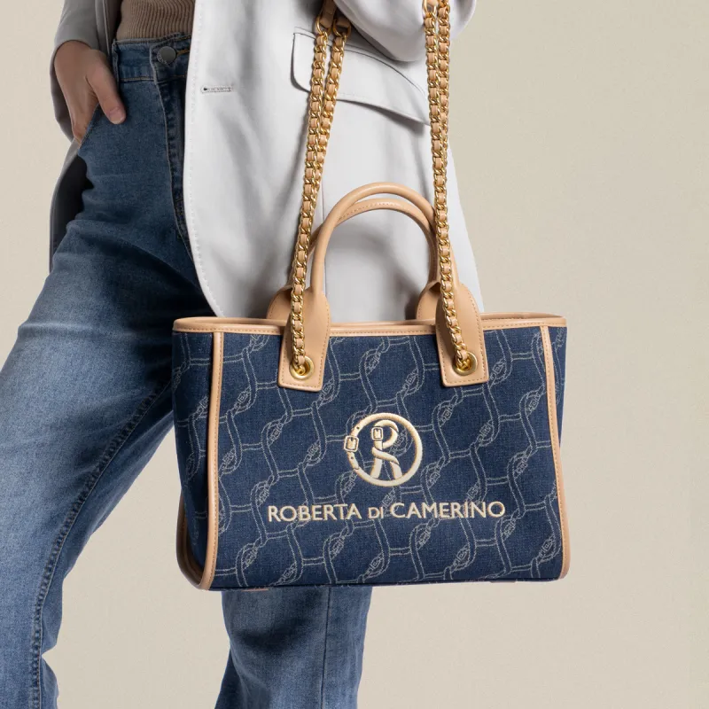 ROBERTA DI CAMERINO Fabric Tote Bag, Shopping Bag, Shoulder Bag, Handbag Regular Women's Blue & Milk Tea-5
