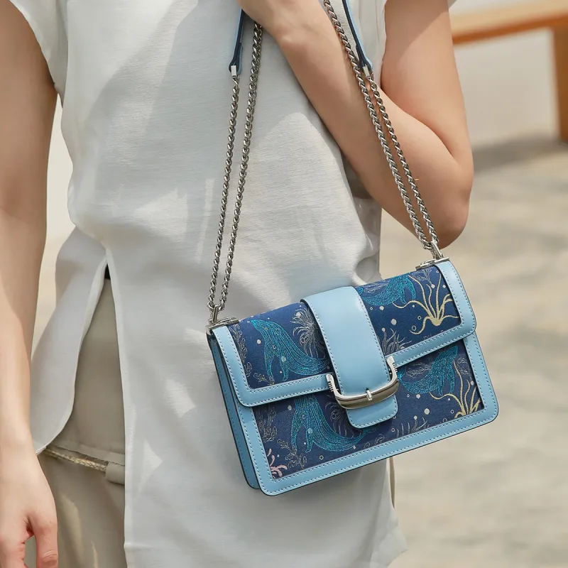 ROBERTA DI CAMERINO Cow Leather Shoulder Bag Chain Shoulder Bag Small Square Bag Women's Sea Blue/Silver Gray-3