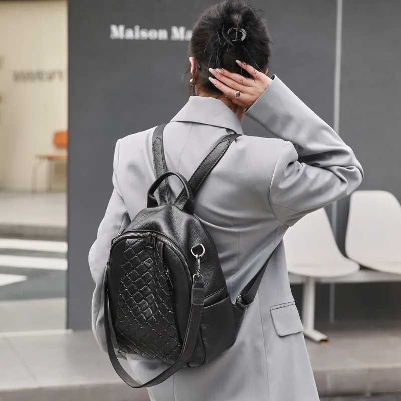 ROBERTA DI CAMERINO Cow Leather Backpack Commuter Bag Travel Bag Students Backpack Tubas Women's Black/Haze Blue-2
