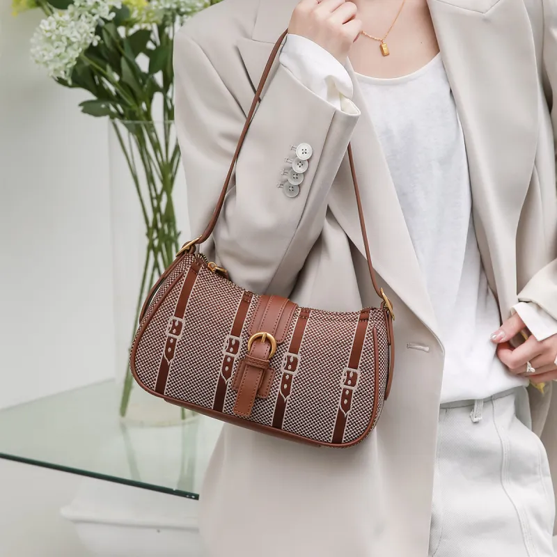 ROBERTA DI CAMERINO Fabric With Cow Leather Shoulder Bag Crossbody Bag Baguette Bag Medium Size Women's Coffee-4