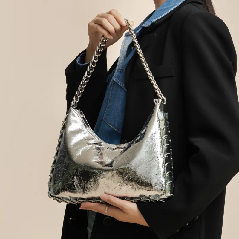 ROBERTA DI CAMERINO Synthetic Leather Soft Water Bucket Bag, Crossbody Bag, Shoulder Bag Large Size Women's Silver-4