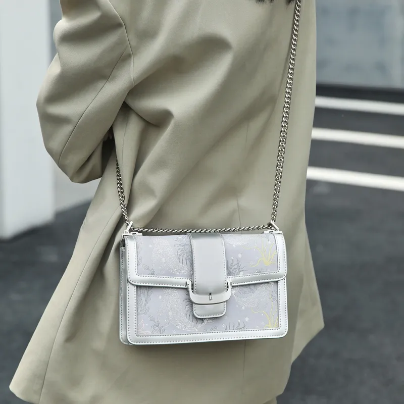 ROBERTA DI CAMERINO Cow Leather Shoulder Bag Chain Shoulder Bag Small Square Bag Women's Sea Blue/Silver Gray-6
