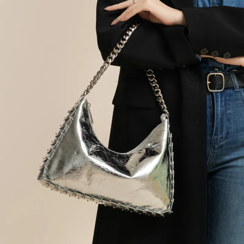 ROBERTA DI CAMERINO Synthetic Leather Soft Water Bucket Bag, Crossbody Bag, Shoulder Bag Large Size Women's Silver-1