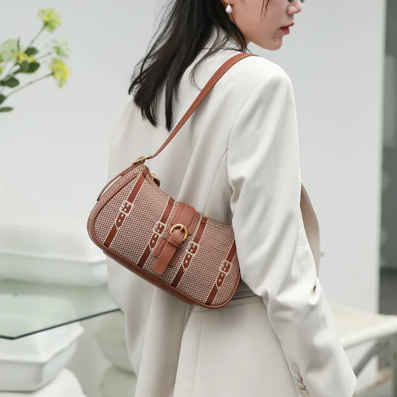 ROBERTA DI CAMERINO Fabric With Cow Leather Shoulder Bag Crossbody Bag Baguette Bag Medium Size Women's Coffee-3