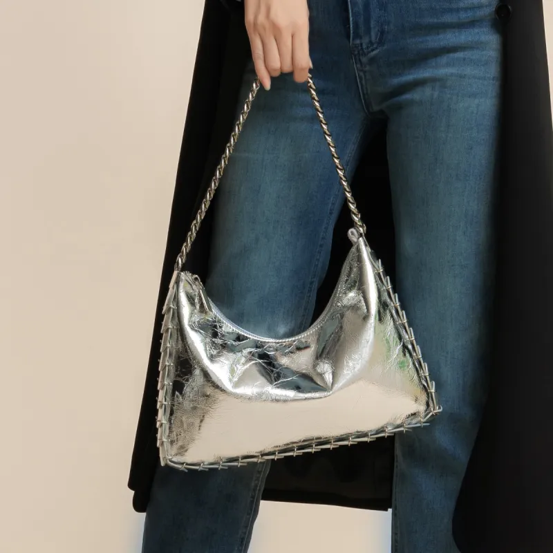 ROBERTA DI CAMERINO Synthetic Leather Soft Water Bucket Bag, Crossbody Bag, Shoulder Bag Large Size Women's Silver-2