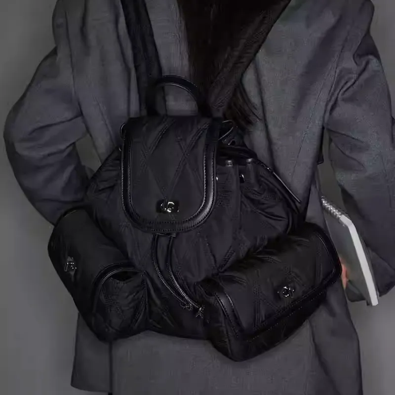 YAMAGUCHI MIOKO Imitation Silky Cotton Backpack Unisex Black Diamond Plaid-2