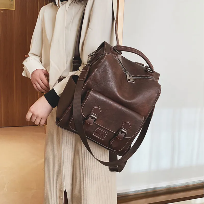 UNITE STAR PU Versatile Commute Travel Large Capacity Backpack Women's Brown/Black/Yellow Brown-1